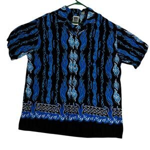 Vtg‎ Ocean Current Original Hawaiian Shirt Men's XL Blue Flames Beach Party